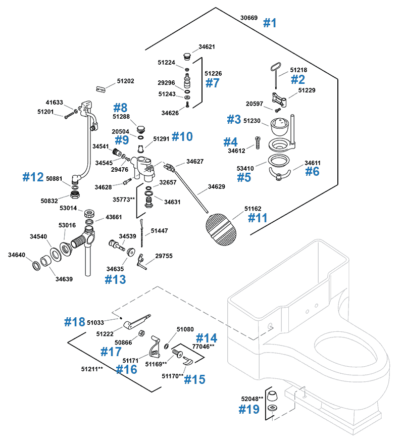 Repair parts diagram for Kohler Champlain one-piece toilets - pre-1973