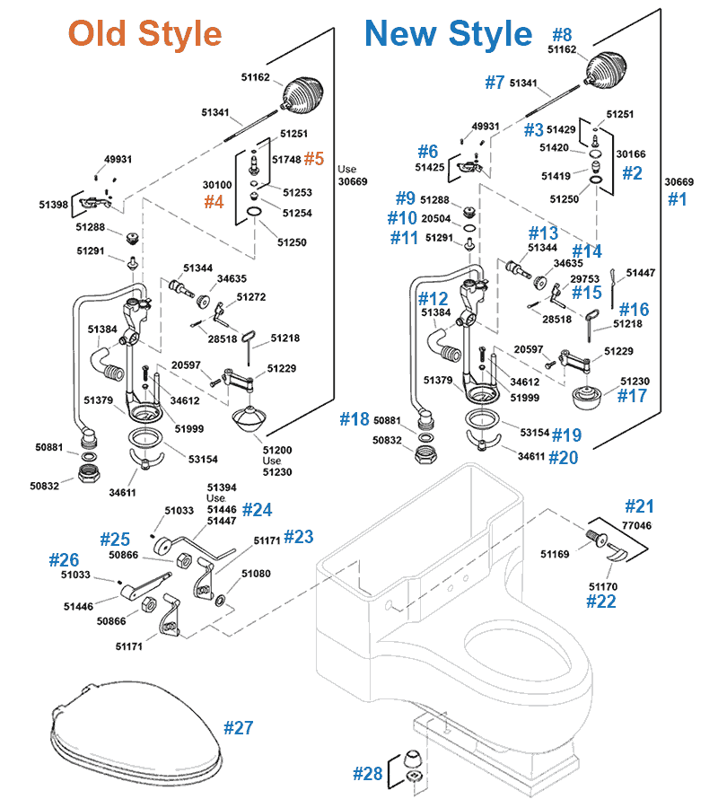Repair parts diagram for Kohler Champlain one-piece toilets - post-1973