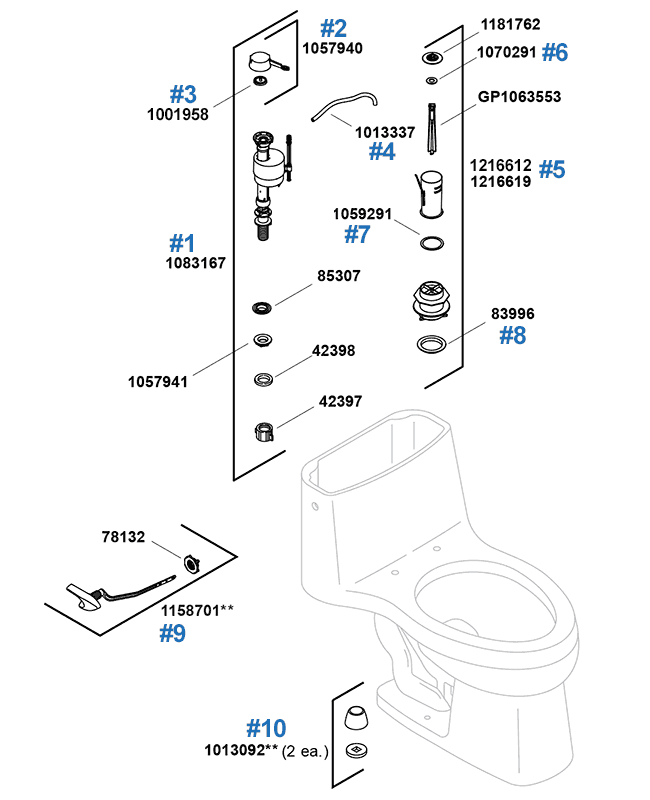 Santa Rosa toilet repair parts for model K3810 and 3811